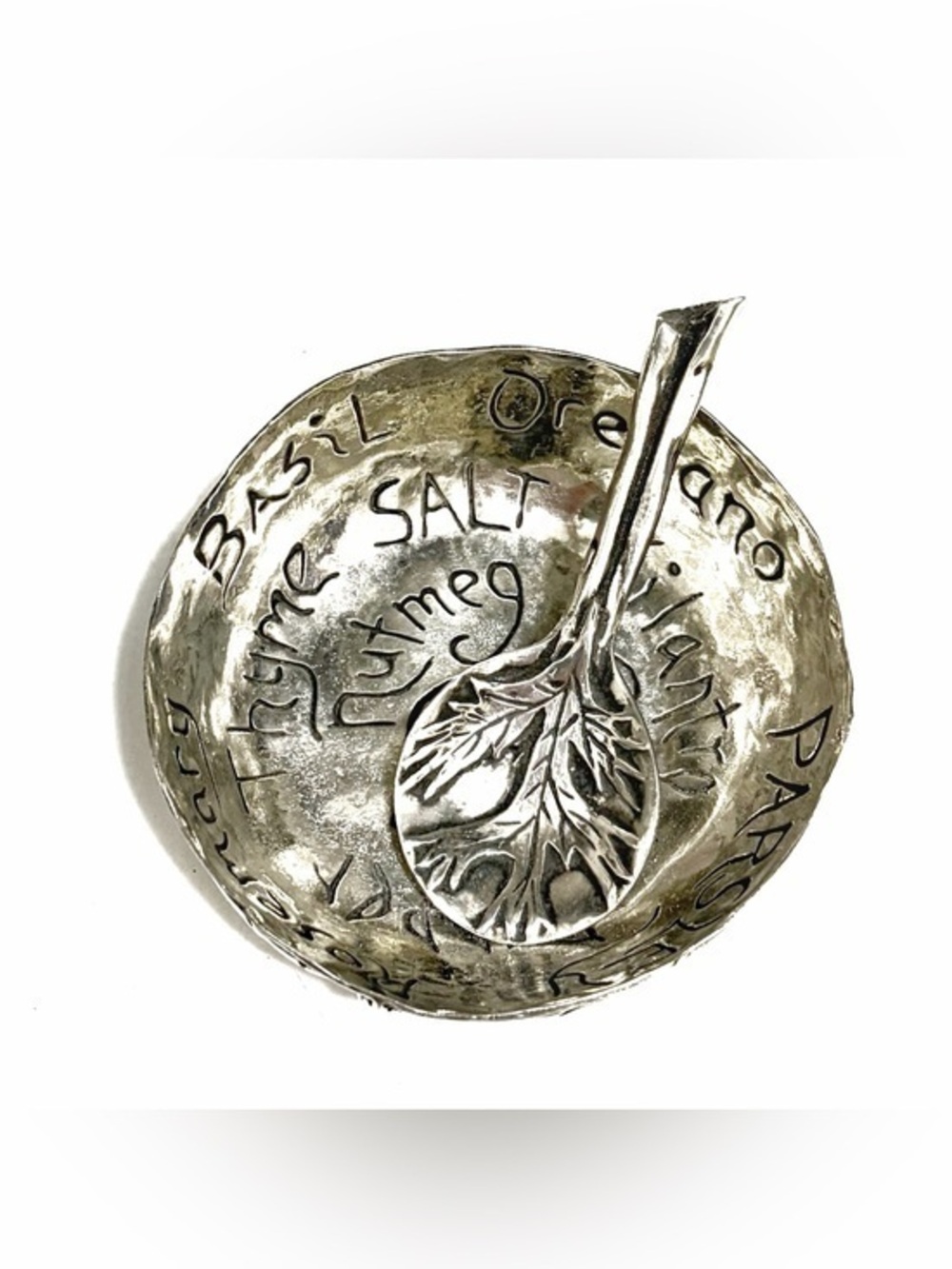 Handcrafted Silver Tone Herb Bowl with Leaf Spoon